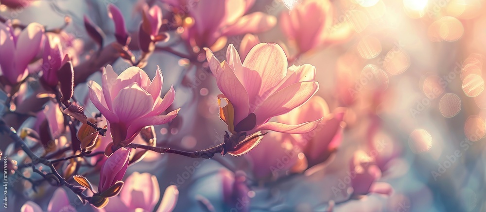 Obraz premium Pink Magnolia Blossoms in Springtime Nature