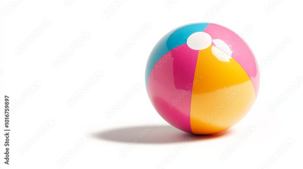 Vibrant, multicolored beach ball casting a shadow on a white background, representing fun, summer, and playfulness in a minimalist style. Vibrant, multicolored beach ball casting a shadow on a white background, representing fun, summer, and playfulness in a minimalist style.