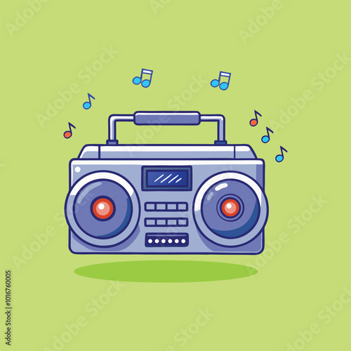 Retro Boombox Music Player With Colorful Notes Vector Icon Illustration.