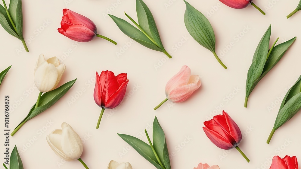 Minimalist tulip heads with clean lines, repeating across a light background, flower pattern, modern style Minimalist tulip heads with clean lines, repeating across a light background, flower pattern, modern style