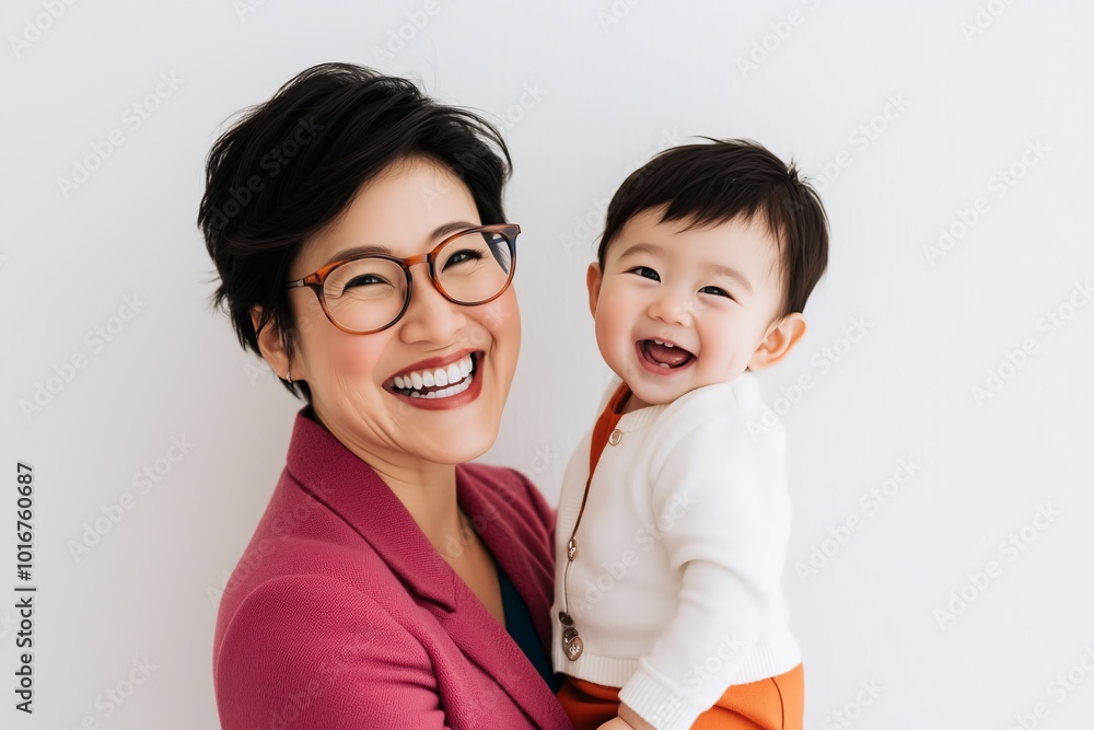 Smiling Asian woman holds her joyful baby, brightening the moment with love. Smiling Asian woman holds her joyful baby, brightening the moment with love.