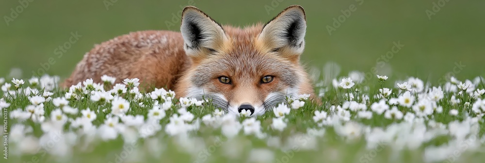 A tight shot of a fox in a flower-filled field, its head resting on the ground, gazing at the camera A tight shot of a fox in a flower-filled field, its head resting on the ground, gazing at the camera