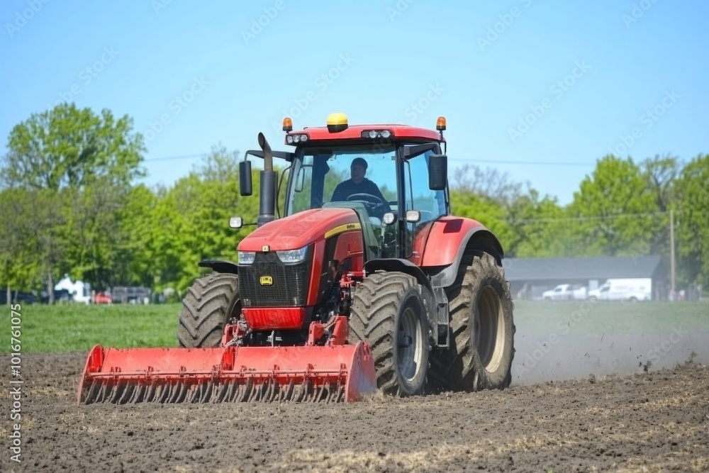 A tractor diligently plowing a field under a clear blue sky, showcasing the beauty of agricultural life. The bright daylight highlights the rich soil being turned A tractor diligently plowing a field under a clear blue sky, showcasing the beauty of agricultural life. The bright daylight highlights the rich soil being turned