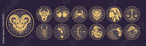 Set of 13 astrological signs, celestial objects, astrology, mystical, space, predict the future. Unique artistic depictions exploring its various aspects and meanings. Zodiac sign Ophiuchus