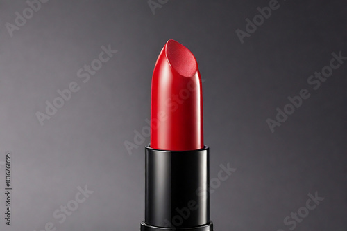 Red lipstick on grey background, close-up. Beauty and cosmetics photo