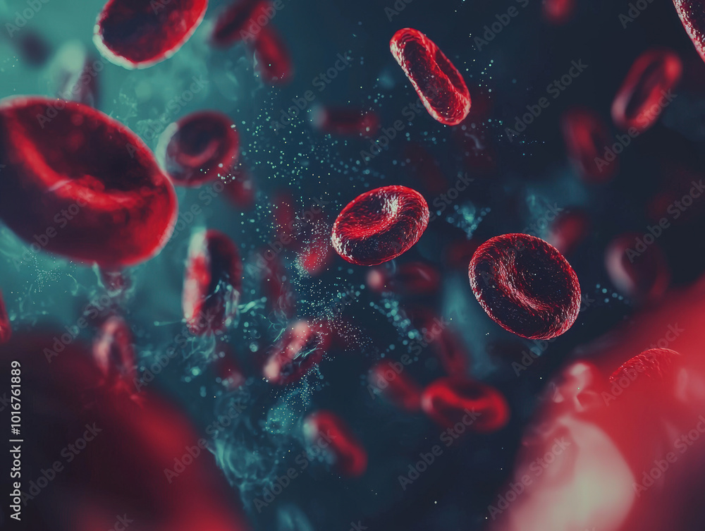 Fototapeta premium Vibrant image of blood cells flowing in dynamic environment, showcasing their intricate structure and movement. scene evokes sense of life and vitality