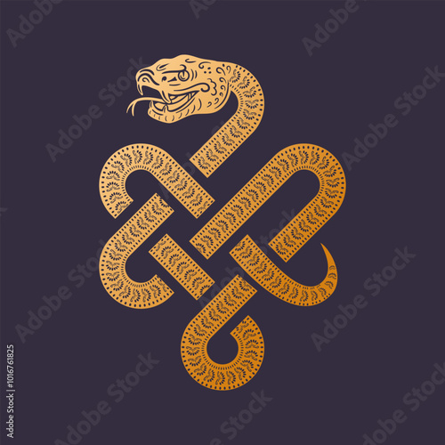 Chinese New Year of the Year of the Green Forest Snake. Asian style. The colorful snake elegantly and smoothly forms an Infinity Knot longevity and health, sign of good luck, Feng Shui. Magic symbol
