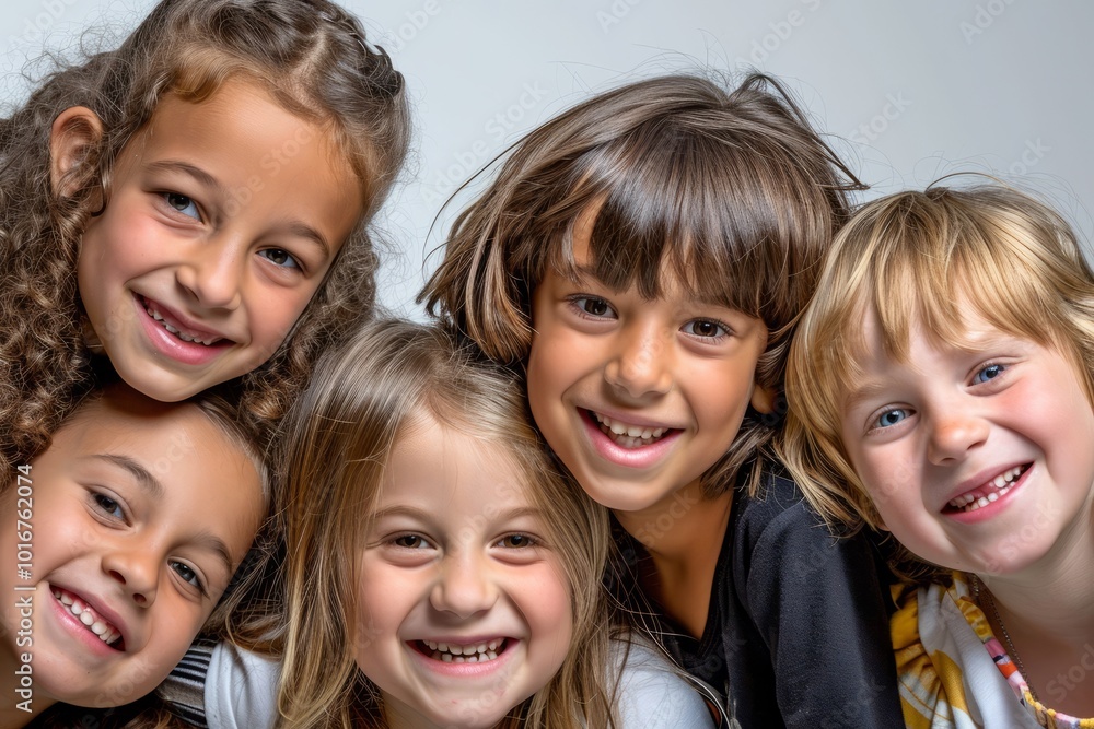 Group of happy children smiling and looking at camera over gray background. Group of happy children smiling and looking at camera over gray background.