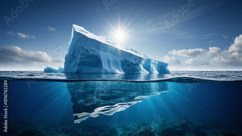 Stunning iceberg floating beneath a bright sun in serene ocean waters sparks awe and wonderment. photo