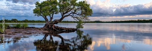  A solitary tree stands in the midst of a body of water, surrounded by tranquil reflections Above, the sky is cloud-studded Another tree emerges from beneath the