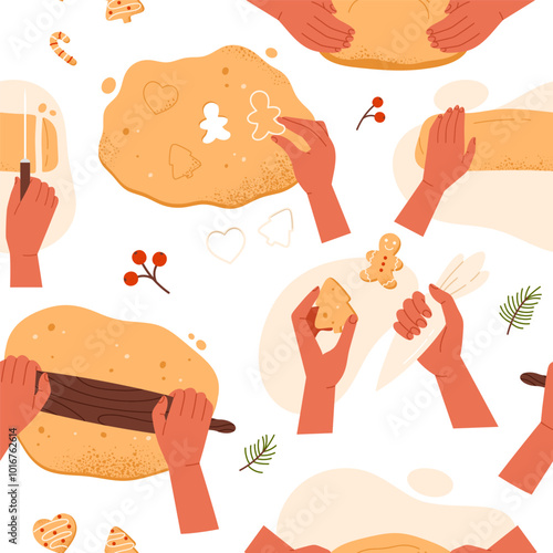 Seamless pattern of kneading dough hands set. Woman hands prepares homemade cookies. Top view of Christmas bakery. Instruction for baking recipe. Isolated vector illustration in cartoon style