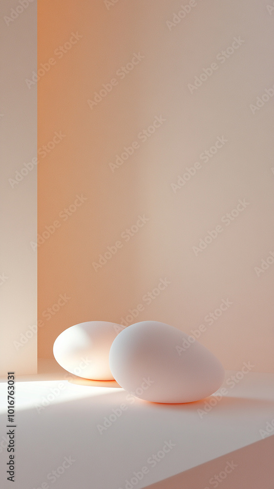 Softly lit 3D shapes on flat minimal background create serene atmosphere, featuring two smooth, white eggs resting elegantly. Vertical 4K smartphone wallpaper Softly lit 3D shapes on flat minimal background create serene atmosphere, featuring two smooth, white eggs resting elegantly. Vertical 4K smartphone wallpaper