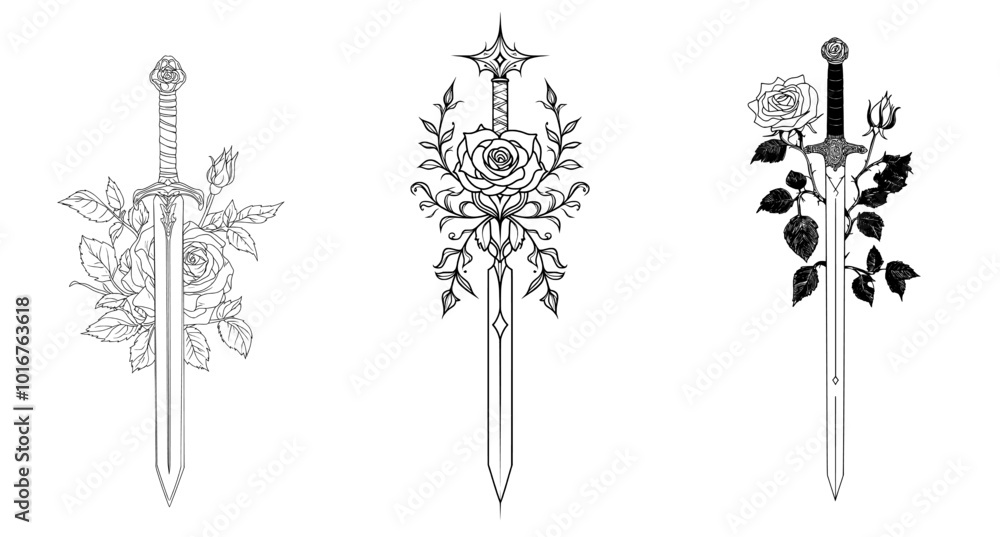 Ink sketch of a sword with roses. Hand-drawn illustration converted to ...