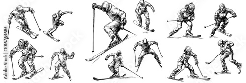 A set of black outlines with transparent backgrounds showing snowboarders, skiers, and hockey players playing winter sports