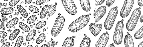 A seamless cucumber pattern drawn in black on a transparent background. A hand drawn modern sketch.