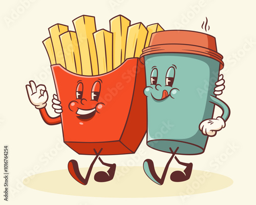 Groovy French Fries and Coffee Retro Character Illustration. Cartoon Fried Potato and Paper Cup Walking Vector Food Mascot Template Happy Vintage Cool Fast Food Rubber Hose Style Drawing Isolated