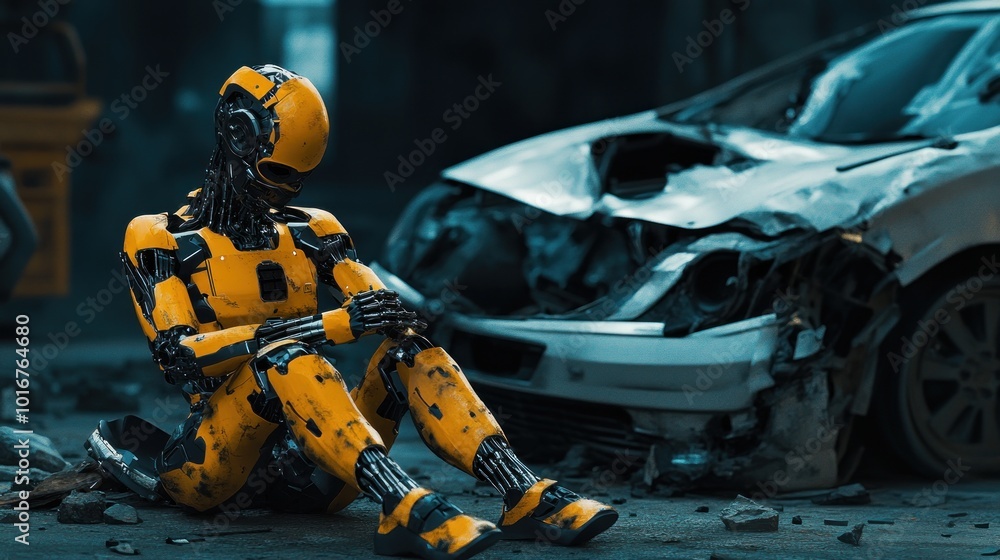 A yellow robot sits despondently beside a damaged car in a dystopian setting. A yellow robot sits despondently beside a damaged car in a dystopian setting.