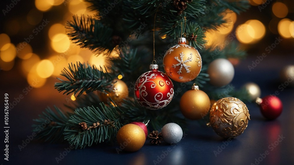 Festive Christmas tree adorned with red and gold ornaments on a dark blue bokeh background setting. Festive Christmas tree adorned with red and gold ornaments on a dark blue bokeh background setting.