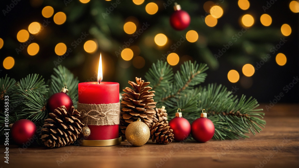 Festive Christmas scene with red candle, pine cones, and evergreen branches in a warm glowing ambiance. Festive Christmas scene with red candle, pine cones, and evergreen branches in a warm glowing ambiance.
