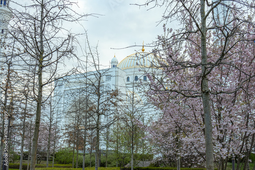 View of the grand Mosque. There are flowering trees in front of the mosque. A white mosque with minarets.