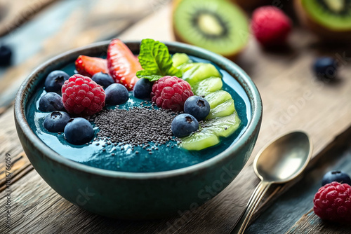 Fototapeta Naklejka Na Ścianę i Meble -  A smoothie bowl topped with fresh fruits and spirulina powder, photographed in natural light on a rustic wooden table.