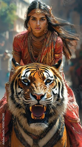 A woman in traditional attire rides a fierce tiger in a vibrant, bustling setting. photo