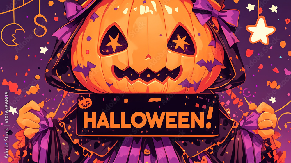 An illustration for Halloween. A ghost, a pumpkin, a cat, a girl. The Halloween sign! An illustration for Halloween. A ghost, a pumpkin, a cat, a girl. The Halloween sign!
