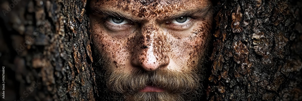 A tight shot of a bearded man with freckled skin examining his face from behind a tree trunk A tight shot of a bearded man with freckled skin examining his face from behind a tree trunk