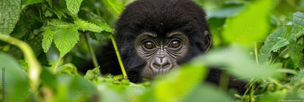 A startled monkey's face up close among grass and leaves A startled monkey's face up close among grass and leaves