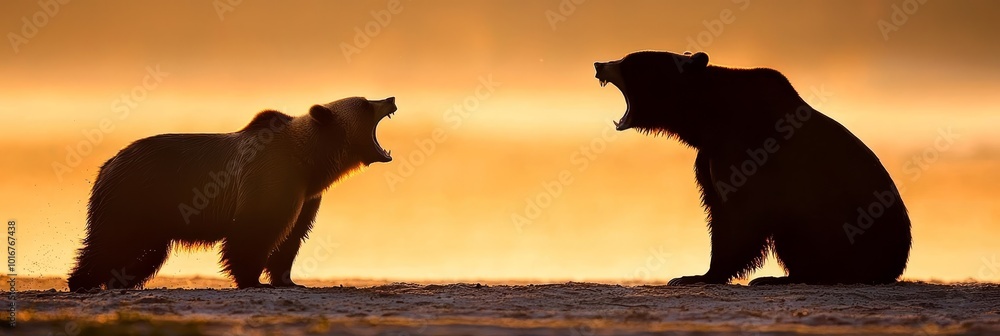 Two brown bears facing one another on a green grass expanse Behind them, a sun-kissed yellow sky Two brown bears facing one another on a green grass expanse Behind them, a sun-kissed yellow sky