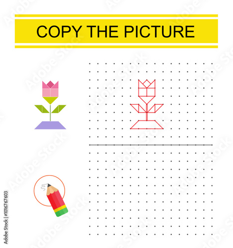 Educational game for preschool kids. Copy the cartoon flower rose picture by connecting the dot. Dot to dot copy practice.