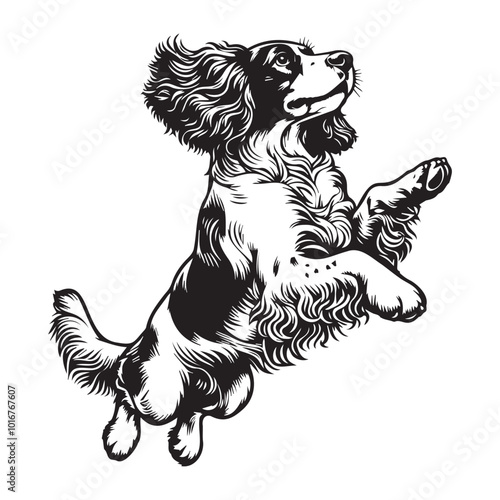 English Spaniel Jumping pose silhouette vector on white background, Cocker spaniel running in three different styles isolated on white background. Side view of english cocker spaniel dog. Cute 