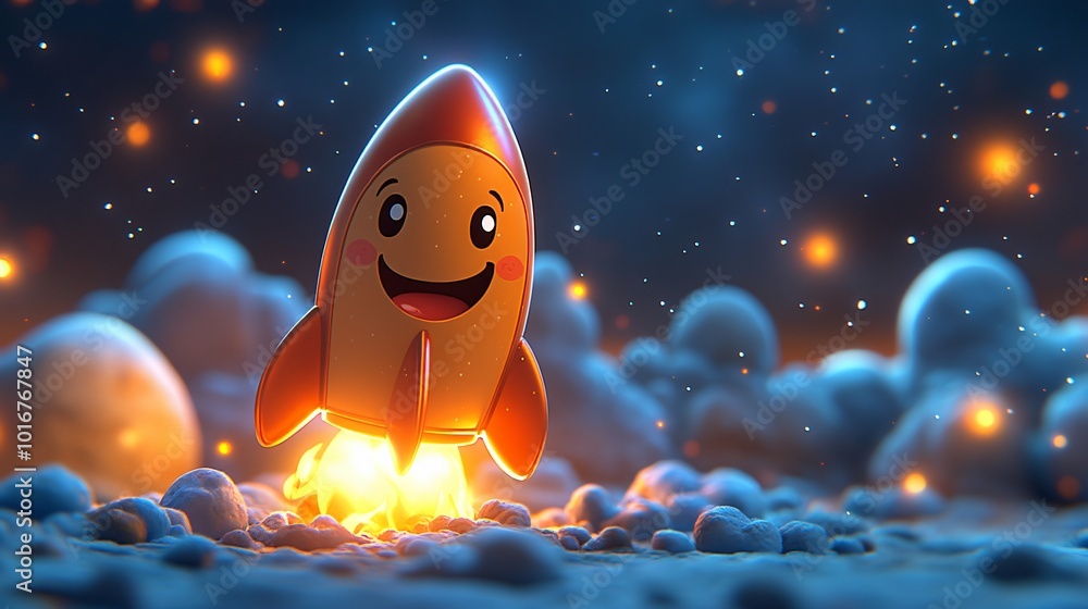 Cartoon Rocket with Smiling Face and Flames Cartoon Rocket with Smiling Face and Flames