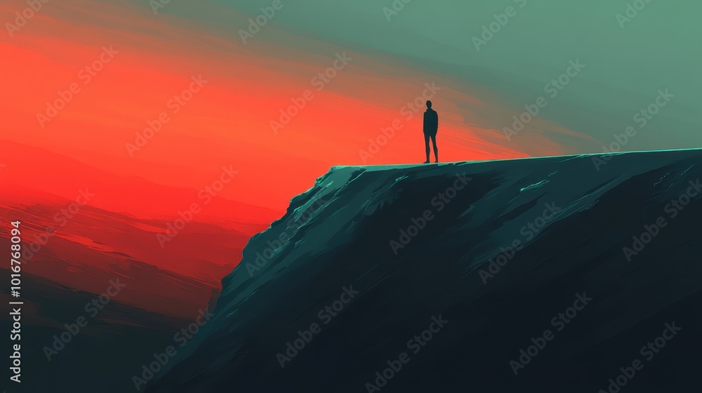 Silhouette of a Person Standing on a Cliff with a Red Sky in the Background Silhouette of a Person Standing on a Cliff with a Red Sky in the Background
