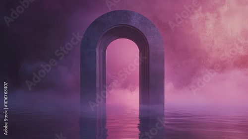 Stone Archway Emerging from Purple Mist and Water