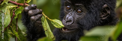  A tight shot of a monkey holding a leaf in its mouth, with a tree branch in the foreground