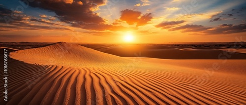 Endless sand dunes at sunset, with deep shadows and glowing orange skies