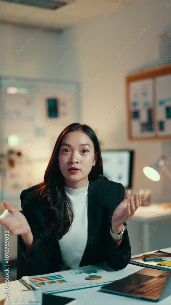 Asian businesswoman speaks and gestures while seated at her desk in an office at night, engaging in a video call and showcasing professionalism and confidence in her communication Asian businesswoman speaks and gestures while seated at her desk in an office at night, engaging in a video call and showcasing professionalism and confidence in her communication