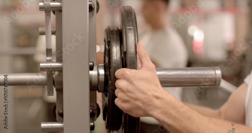 Remove the weight from the bar with your hands. Man preparation for a workout session, enthusiast is enhancing gym equipment with added weights