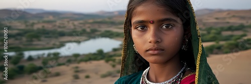  A young girl gazes at the camera, clad in a green sari Behind her lies a serene lake in the distance photo