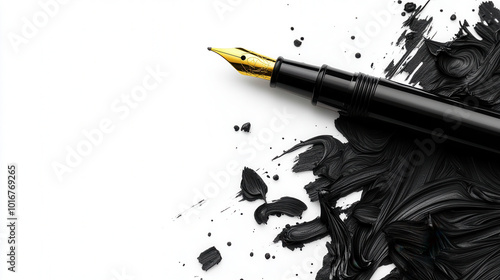 Elegant ink pen on black paint background, perfect for artistic expression.