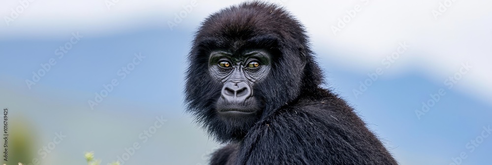  A tight shot of a black monkey against a blue sky background, with the hue dominantly surrounding its head area