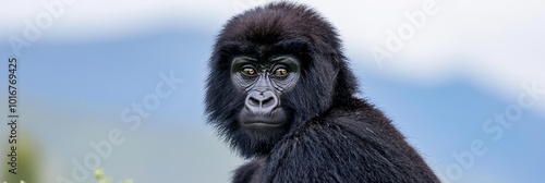  A tight shot of a black monkey against a blue sky background, with the hue dominantly surrounding its head area