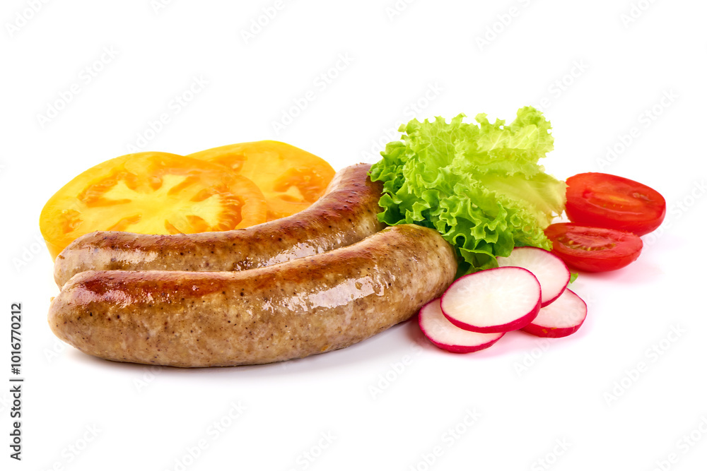 Grilled bratwurst Bavarian Pork Sausages with leaves and vegetables, close-up, isolated on white background. Grilled bratwurst Bavarian Pork Sausages with leaves and vegetables, close-up, isolated on white background.