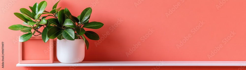 Fresh green plants on white shelf against coral wall create vibrant atmosphere. Fresh green plants on white shelf against coral wall create vibrant atmosphere.