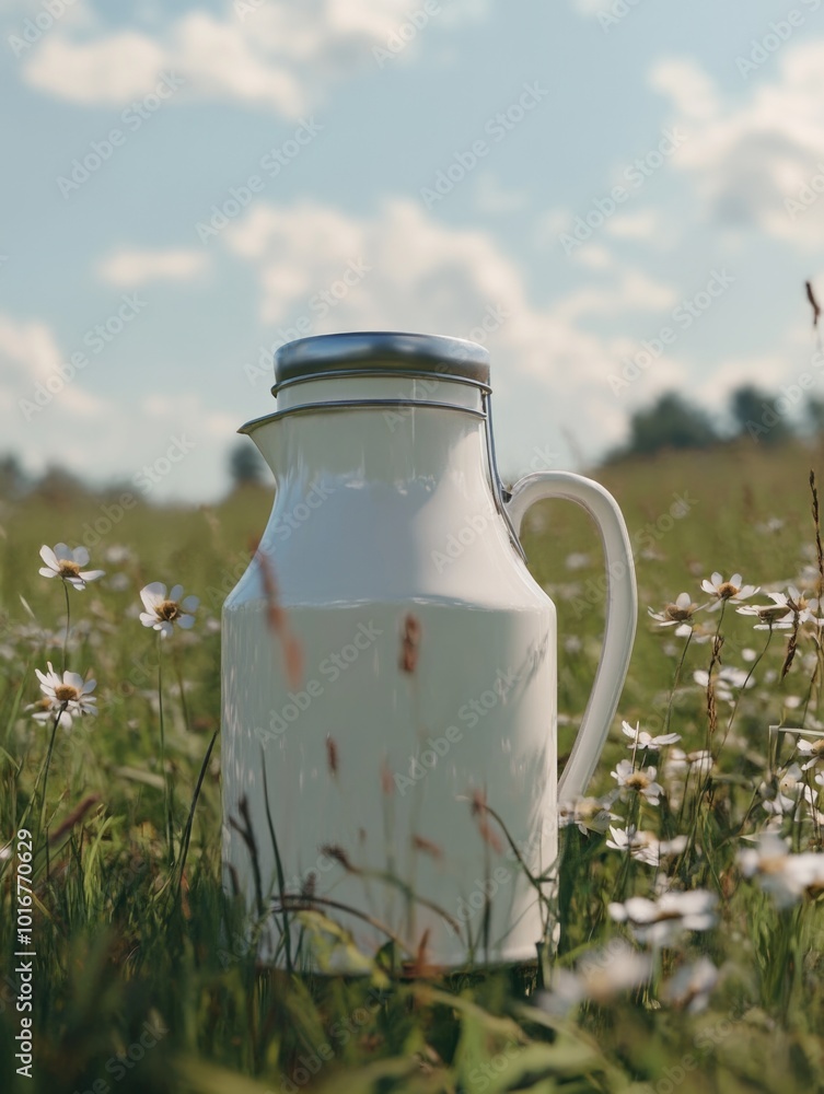 Rural Charm: A White Milk Jug Amidst Flowery Fields Rural Charm: A White Milk Jug Amidst Flowery Fields