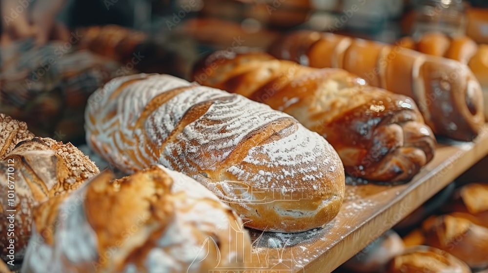 Freshly baked loaves of bread displayed on a wooden shelf in a bakery. Freshly baked loaves of bread displayed on a wooden shelf in a bakery.
