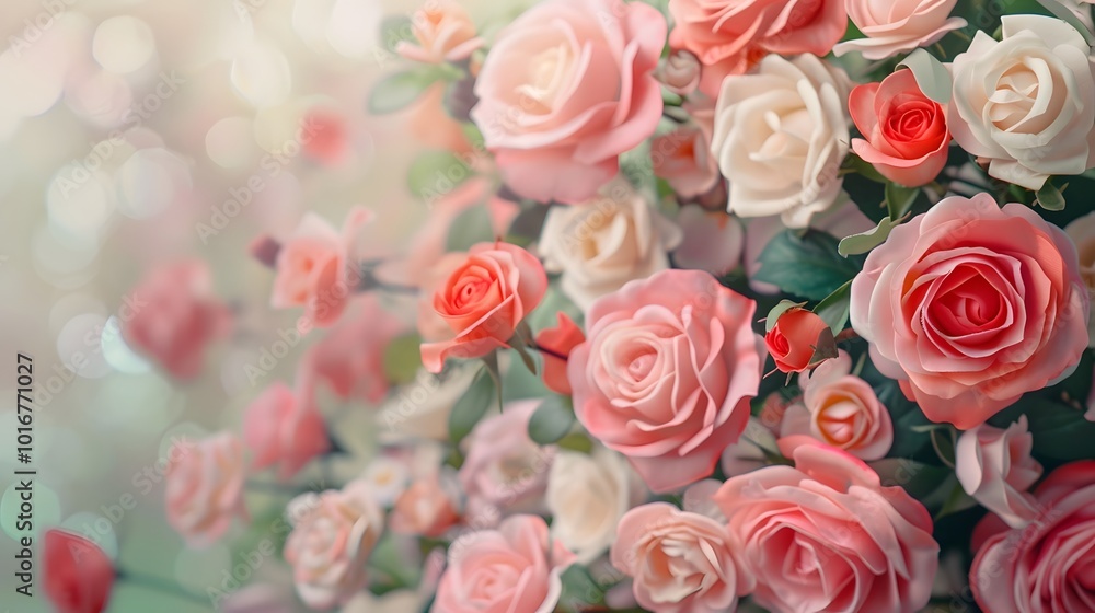 A close-up view of vibrant, blooming roses in shades of pink and red, surrounded by lush green leaves, creating a soft, romantic atmosphere. A close-up view of vibrant, blooming roses in shades of pink and red, surrounded by lush green leaves, creating a soft, romantic atmosphere.