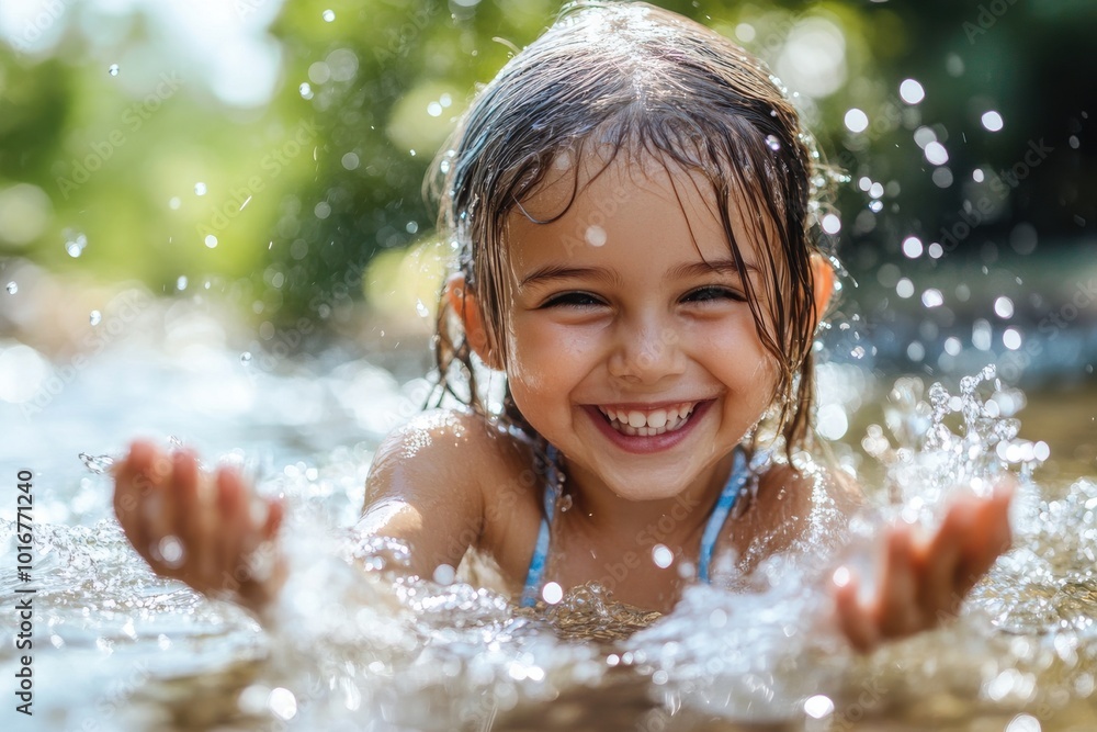 Fototapeta premium A smiling child splashes water with both hands, enjoying a sunny day outdoors.