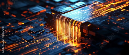 Abstract digital circuit board with glowing lines and patterns on a dark background.